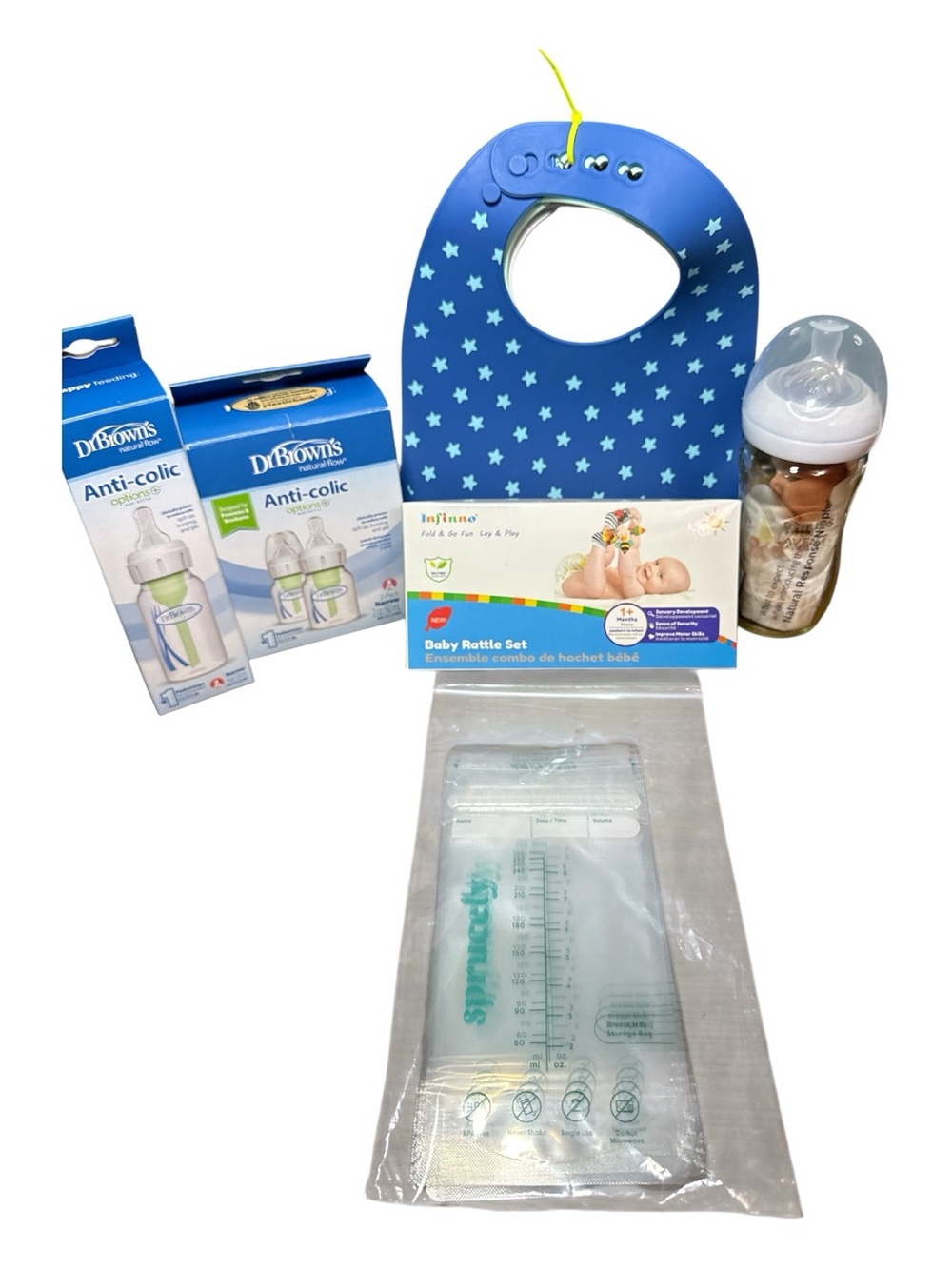 NEW! Baby Feeding & Care Bundle- Anti-colic Bottles, Rattles, Bibs, Milk Bags